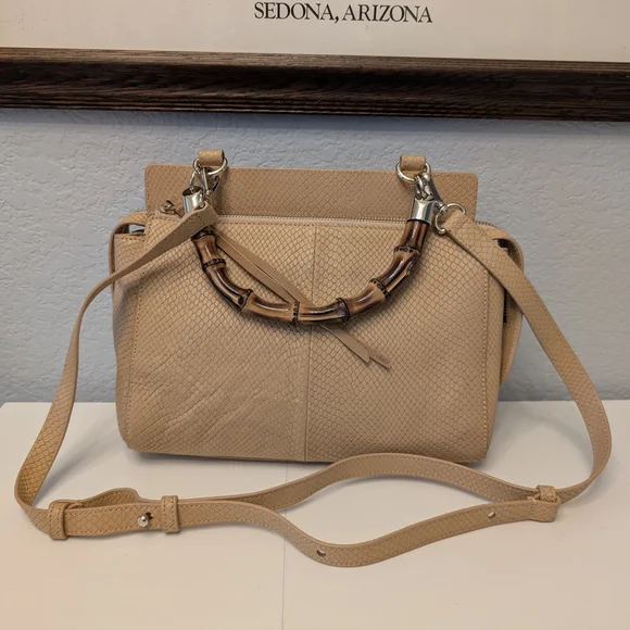 Elaine Turner Tan Snakeskin Embossed Leather Bamboo Handle Satchel Crossbody Bag - Picture 10 of 16